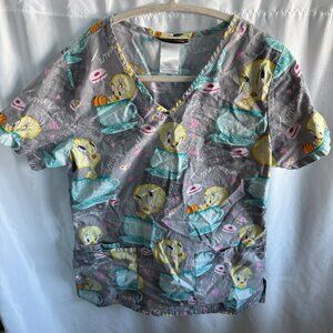 Looney Tunes Tweety Bird Scrub Top XS Gray Coffee Print VGUC